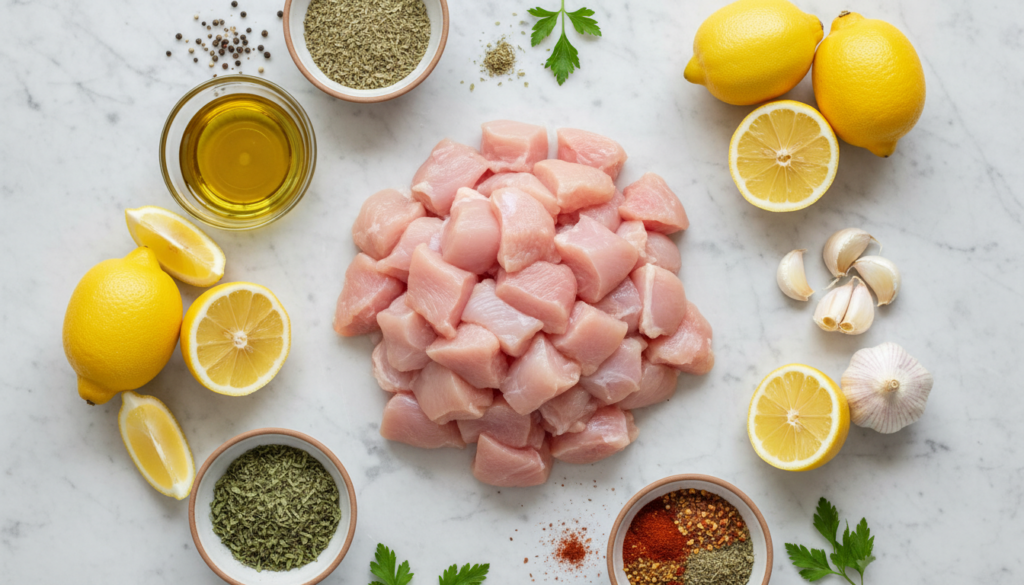 Raw ingredients for Greek lemon garlic chicken including fresh lemon, garlic, and olive oil.