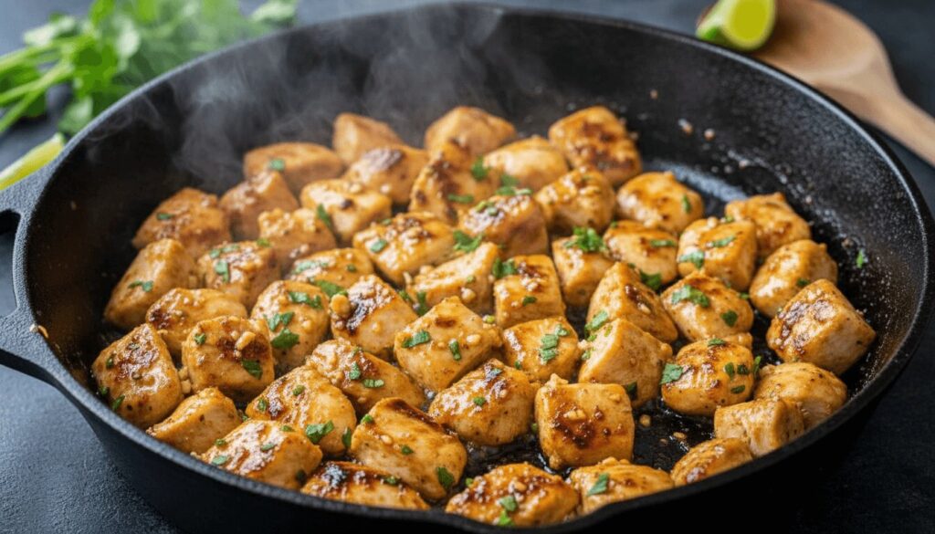 Searing honey lime chicken in a pan.