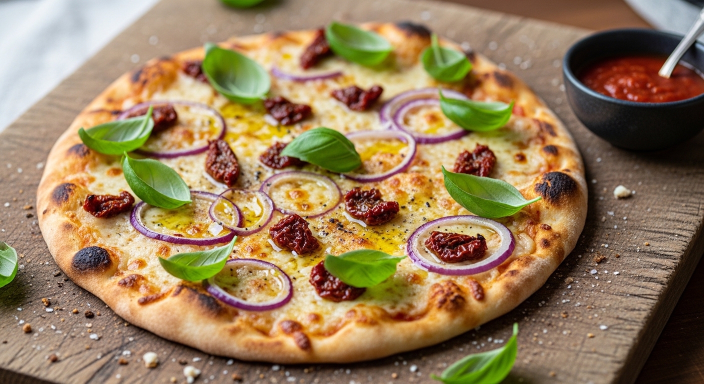 Close-up of a pesto chicken flatbread with melted mozzarella and cherry tomatoes.