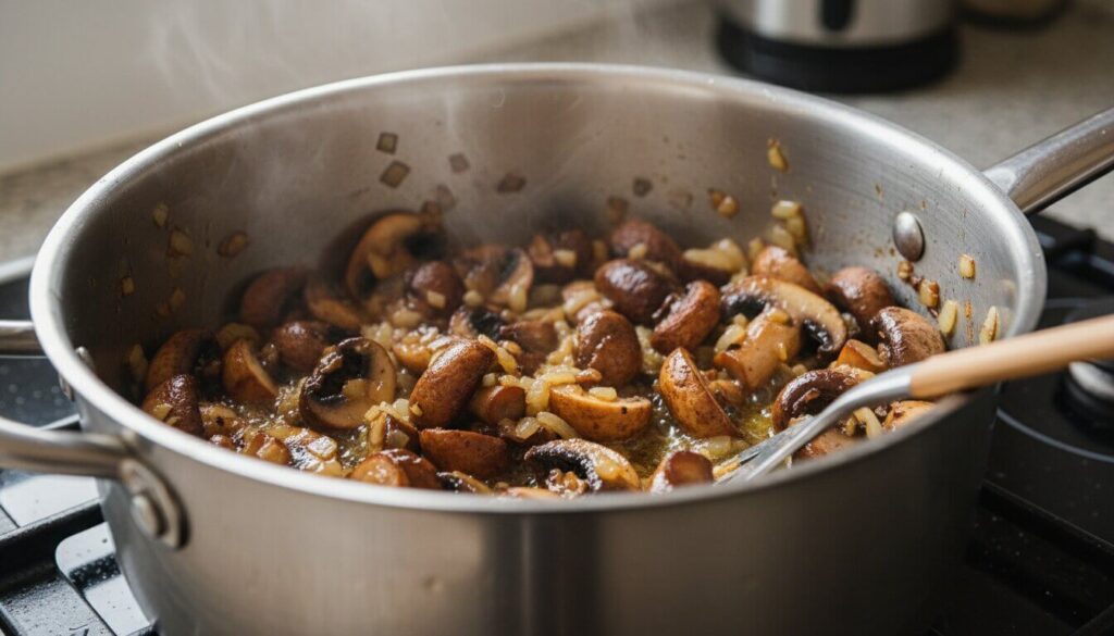 Sautéing mushrooms and onions for Mediterranean soup base.