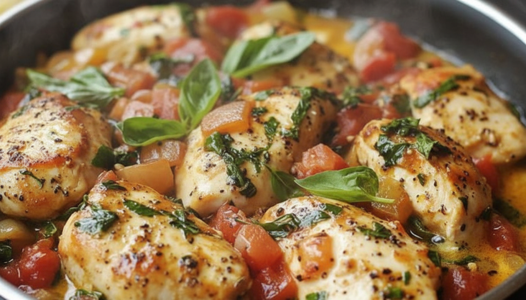 Searing chicken breast for a healthy one pot chicken dinner.