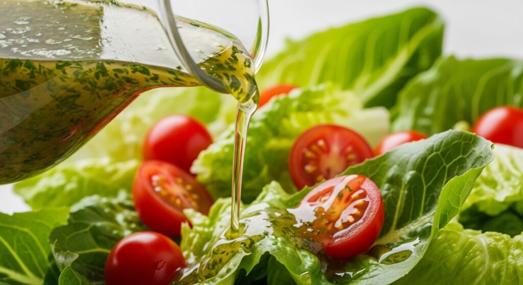 Pouring homemade Mediterranean vinaigrette dressing over a fresh salad.