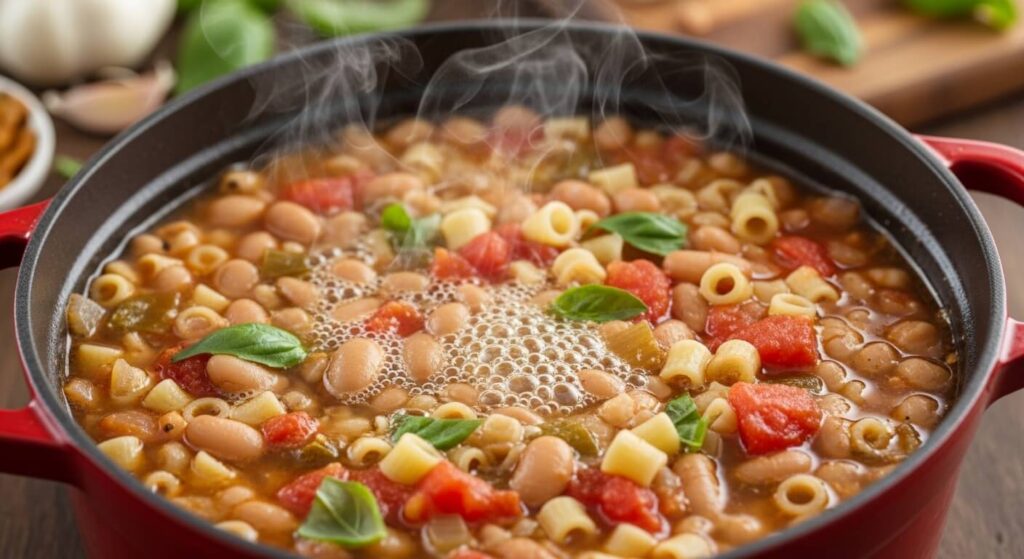Pasta e Fagioli soup simmering in a Dutch oven.
