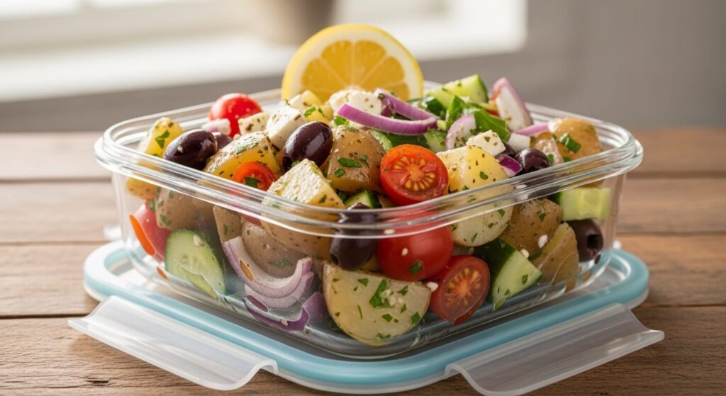Storing leftover Mediterranean potato salad in a glass container.