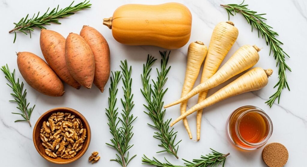 Raw ingredients for a healthy sweet potato squash and parsnip bake.