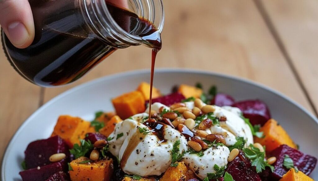 Drizzling balsamic dressing over roasted beet and squash salad.