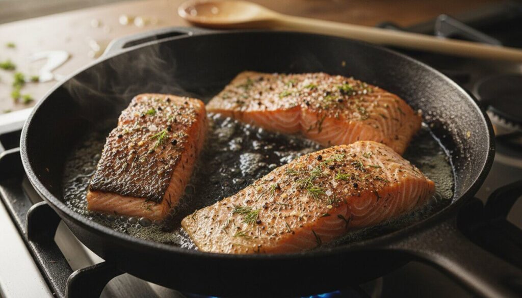 Searing salmon skin-side down in a pan for crispy skin.