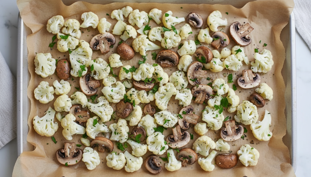 Raw Mediterranean vegetables spread evenly on a sheet pan for roasting.