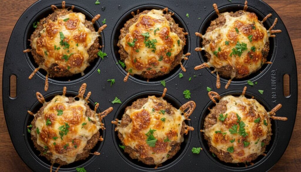 Mini garlic parmesan chicken meatloaves in a baking tin.