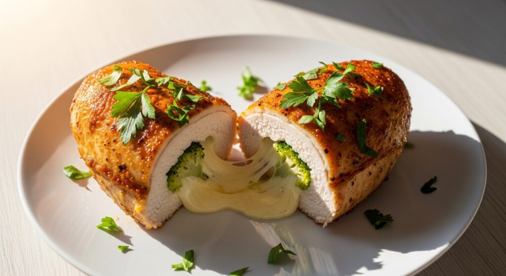 Sliced cheesy broccoli stuffed chicken breast showing melted cheese and green broccoli filling.