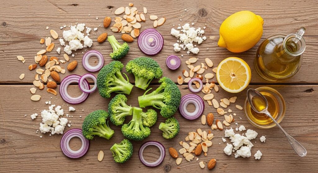 Ingredients for healthy Mediterranean broccoli salad.