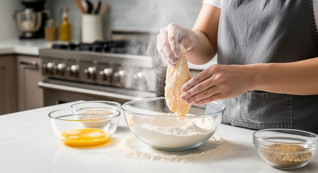 Hand dipping a chicken strip into thick Greek yogurt marinade.