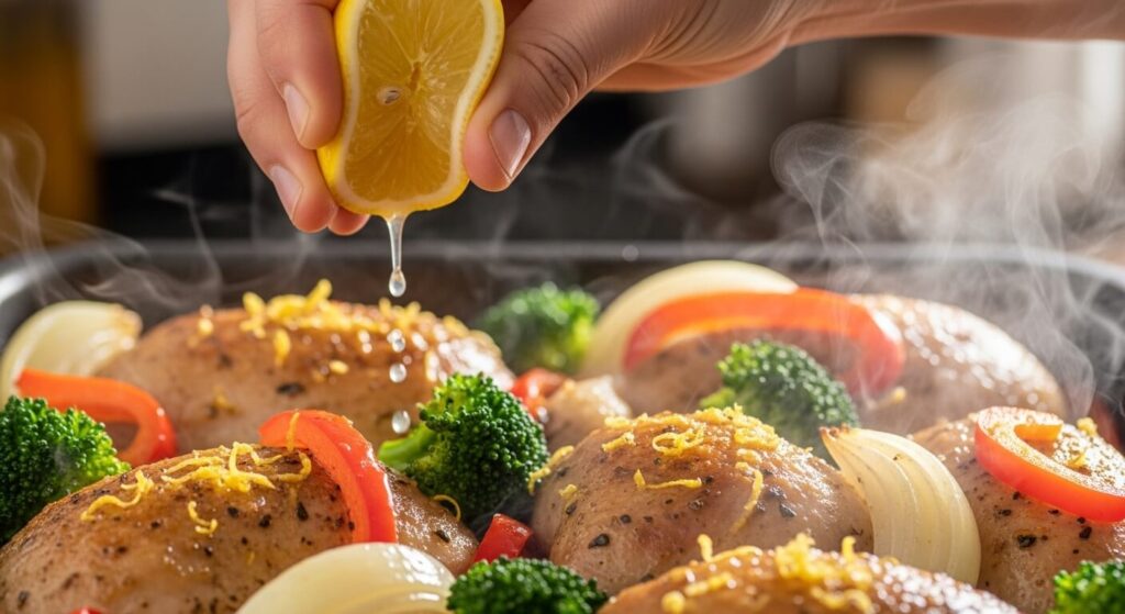 Adding fresh lemon juice to a chicken stir fry.