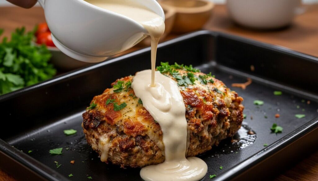 Creamy sauce being poured over baked chicken meatloaf.