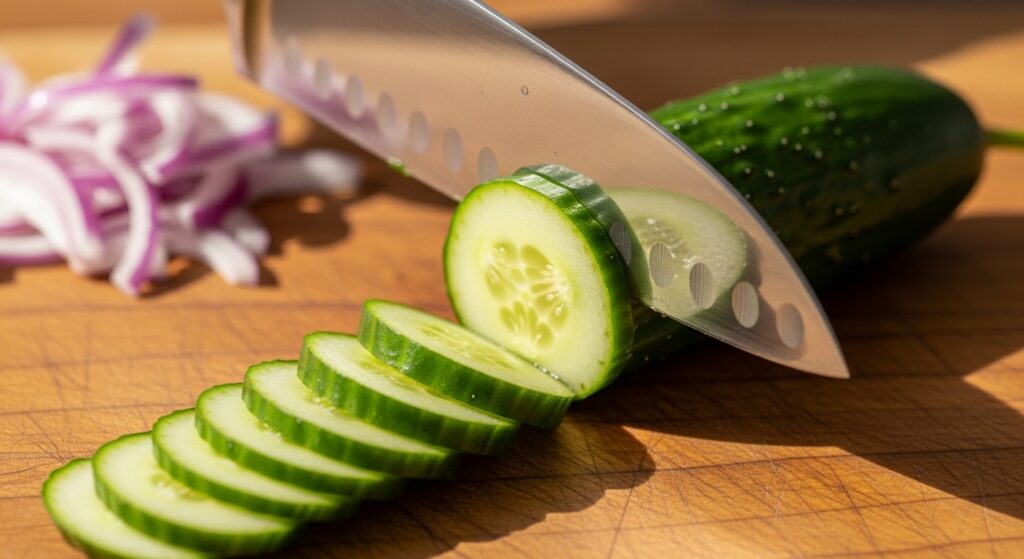 Slicing cucumbers for quick pickling.