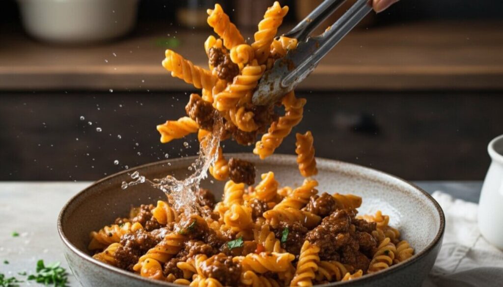 Mixing fusilli pasta into garlic beef tomato sauce.