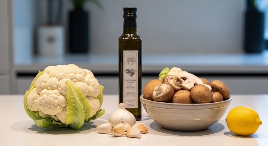 Fresh ingredients for Mediterranean cauliflower and mushroom recipe.