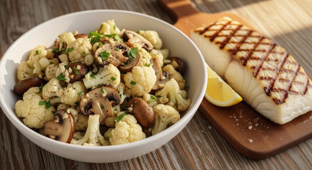 Mediterranean garlic mushrooms and cauliflower served as a side dish.