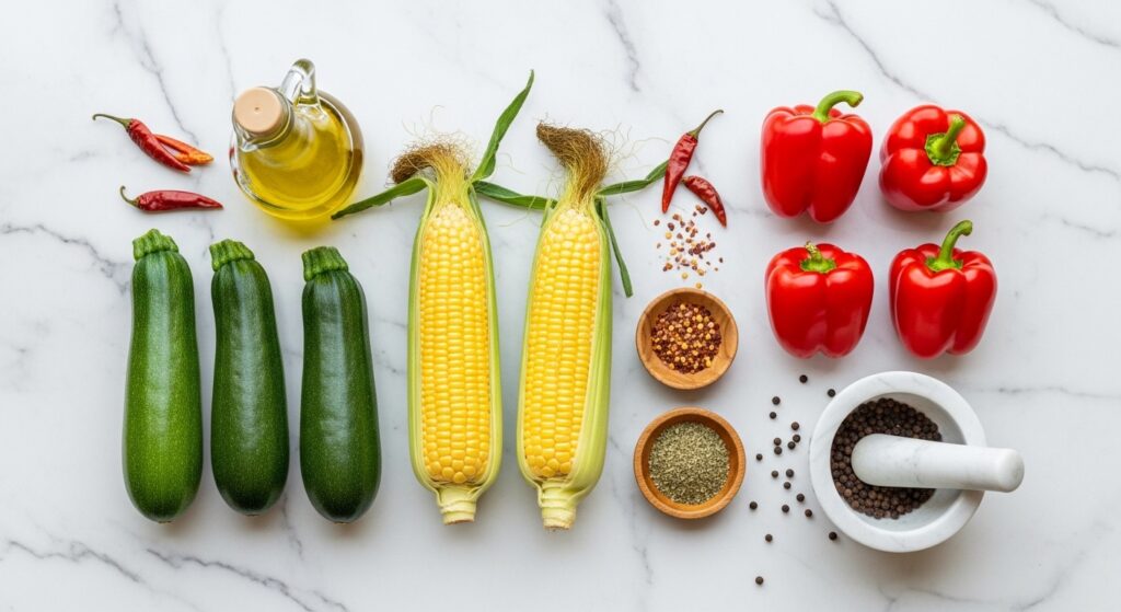 Fresh ingredients for a healthy corn zucchini recipe including zucchini and red pepper.