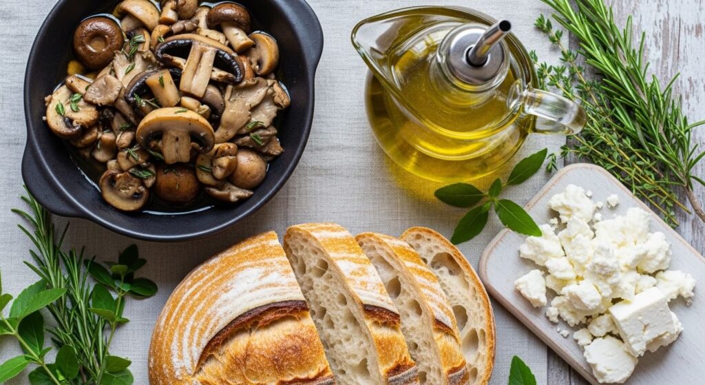 Ingredients for Mediterranean mushroom grilled cheese on a wooden board.