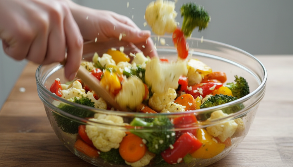 Tossing vegetables with olive oil and garlic for roasting.