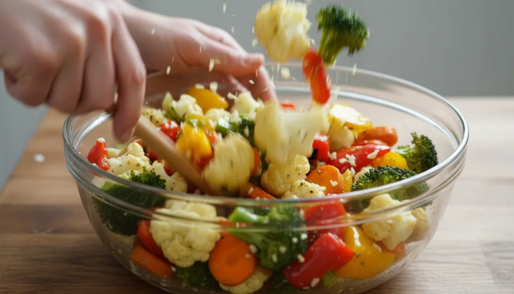 Tossing vegetables with olive oil and garlic for roasting.