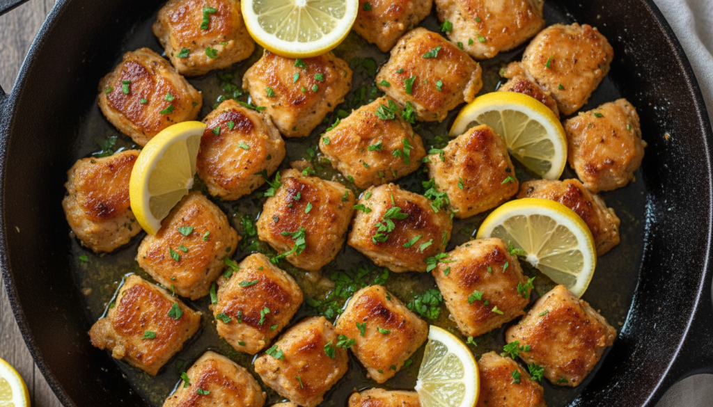 A skillet of pan fried lemon chicken bites garnished with fresh parsley and lemon slices.