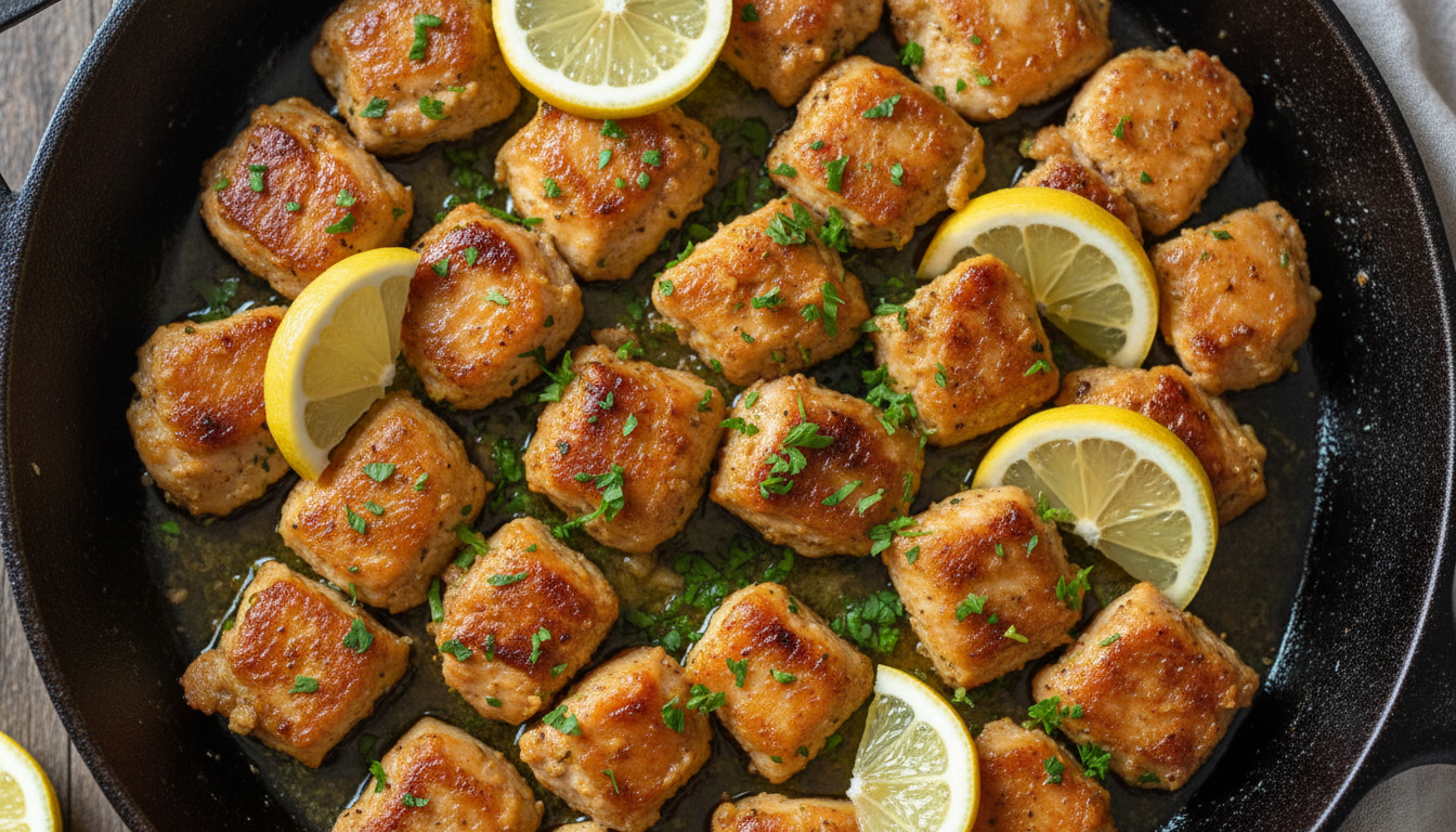A skillet of pan fried lemon chicken bites garnished with fresh parsley and lemon slices.