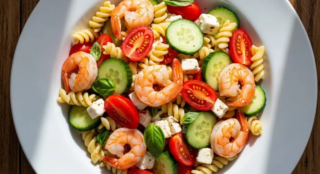 A colorful Mediterranean shrimp pasta salad with lemon olive oil dressing, feta cheese, and fresh herbs.