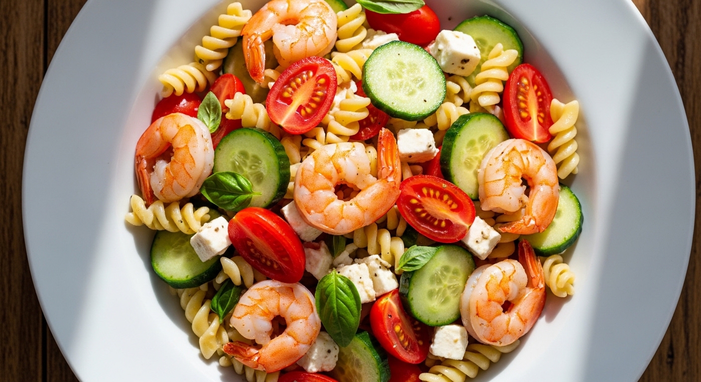 A colorful Mediterranean shrimp pasta salad with lemon olive oil dressing, feta cheese, and fresh herbs.