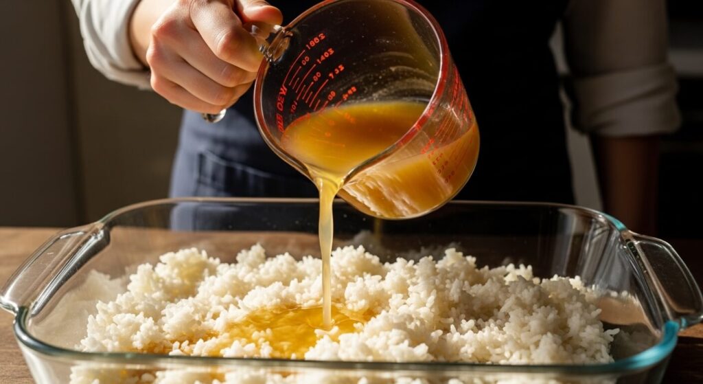 Pouring chicken broth over long-grain rice for a one-pan Greek chicken meal.