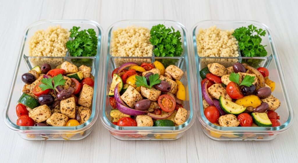 Meal prep containers with Mediterranean chicken stir fry and quinoa.
