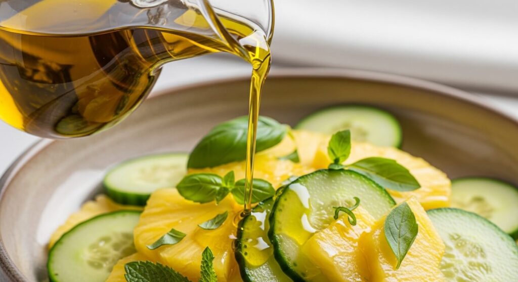 Pouring extra virgin olive oil over a fresh fruit and vegetable salad.