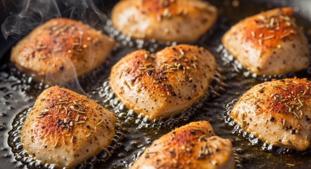 Searing seasoned chicken pieces in a pan with olive oil.