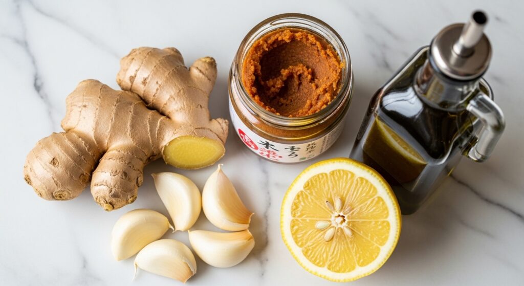 Ingredients for miso ginger soup recipe including fresh lemon and garlic.