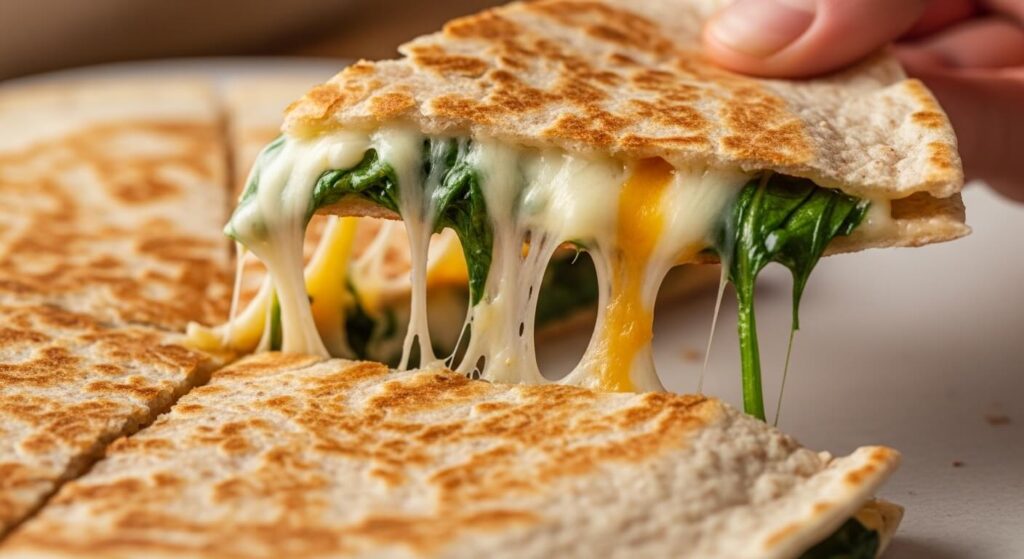 Close up of melted cheese pulling apart from a crispy whole wheat chicken quesadilla.