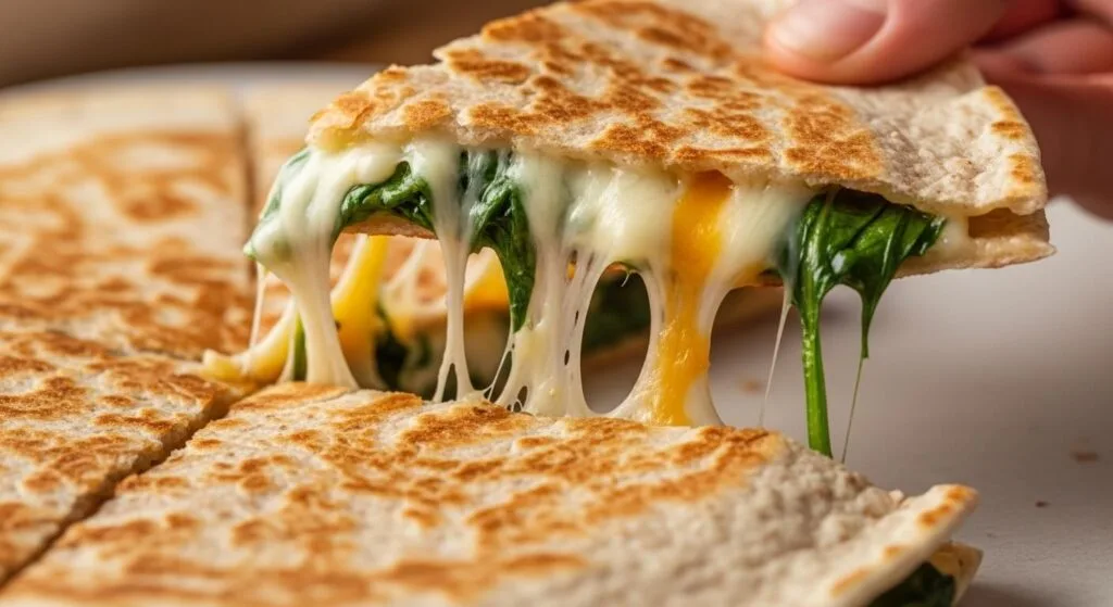 Close up of melted cheese pulling apart from a crispy whole wheat chicken quesadilla.