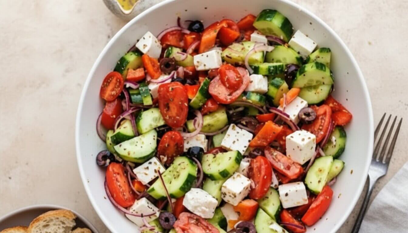 Traditional Greek Salad Horiatiki with feta slab and olives in a rustic bowl.