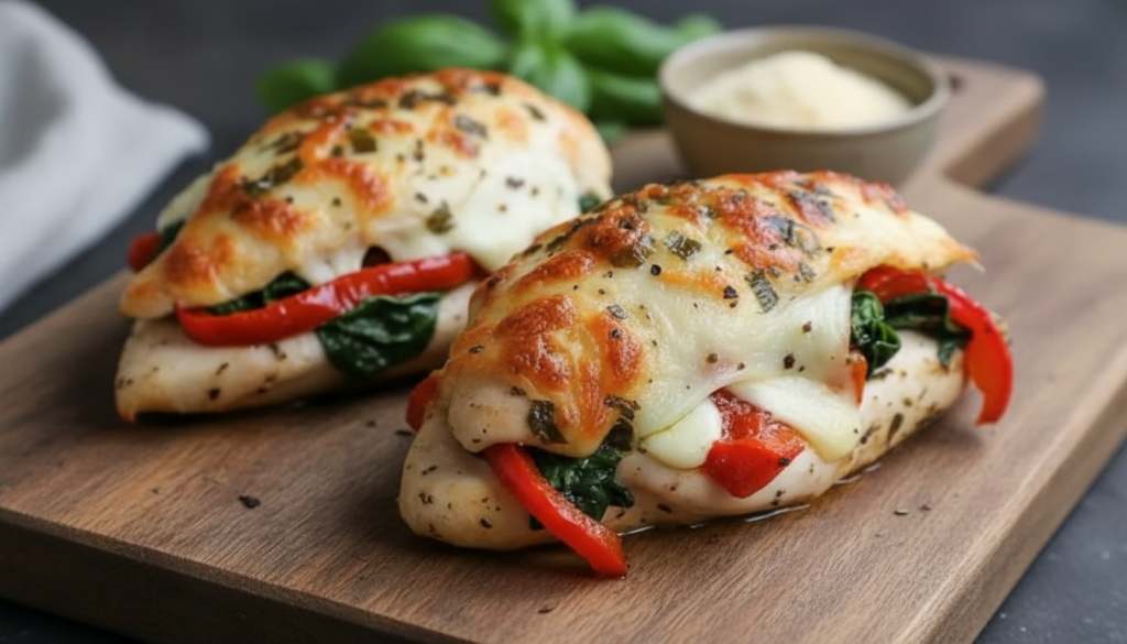 Roasted Red Pepper Spinach and Mozzarella Stuffed Chicken recipe served