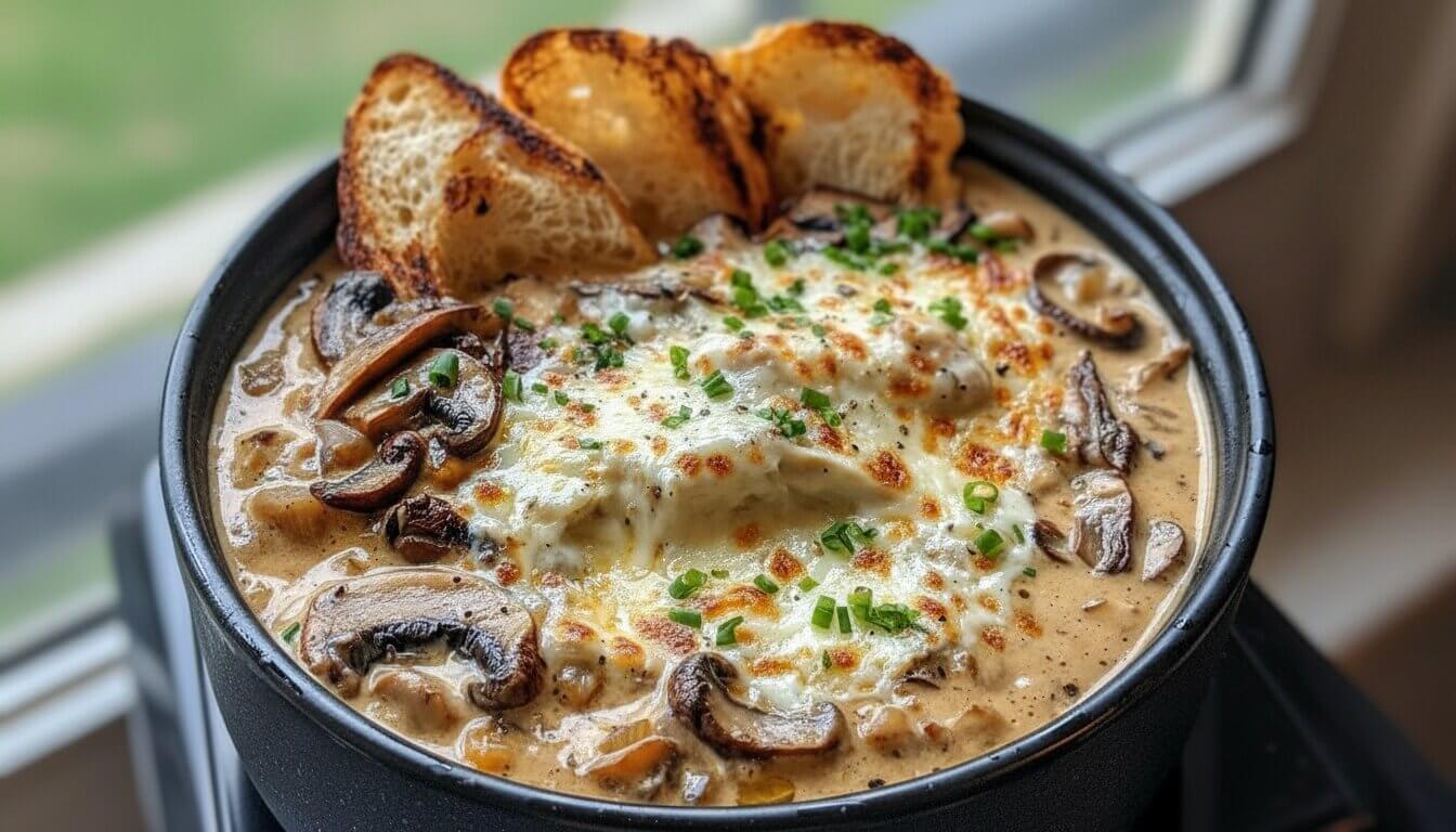 Mediterranean Creamy Mushroom Soup in a ceramic bowl with parsley.