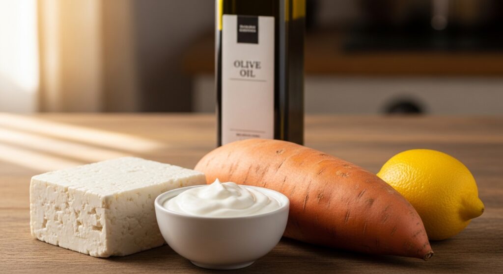 Ingredients for Greek yogurt whipped feta dip including fresh lemon and feta block.