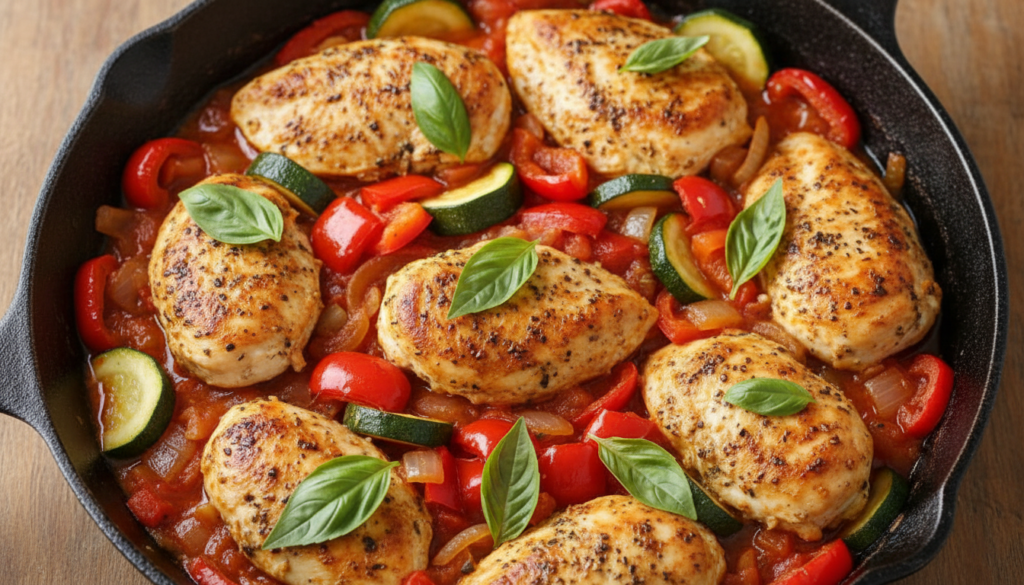 One-pot Italian chicken recipe with vegetables in a cast iron skillet.