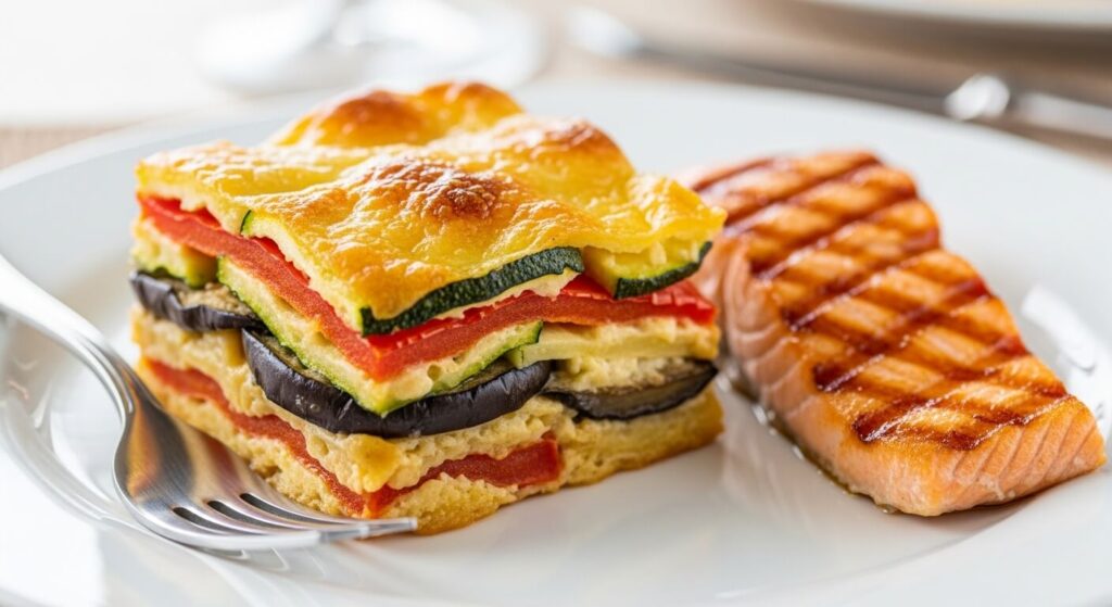 Serving of root vegetable bake as a side dish with grilled salmon.