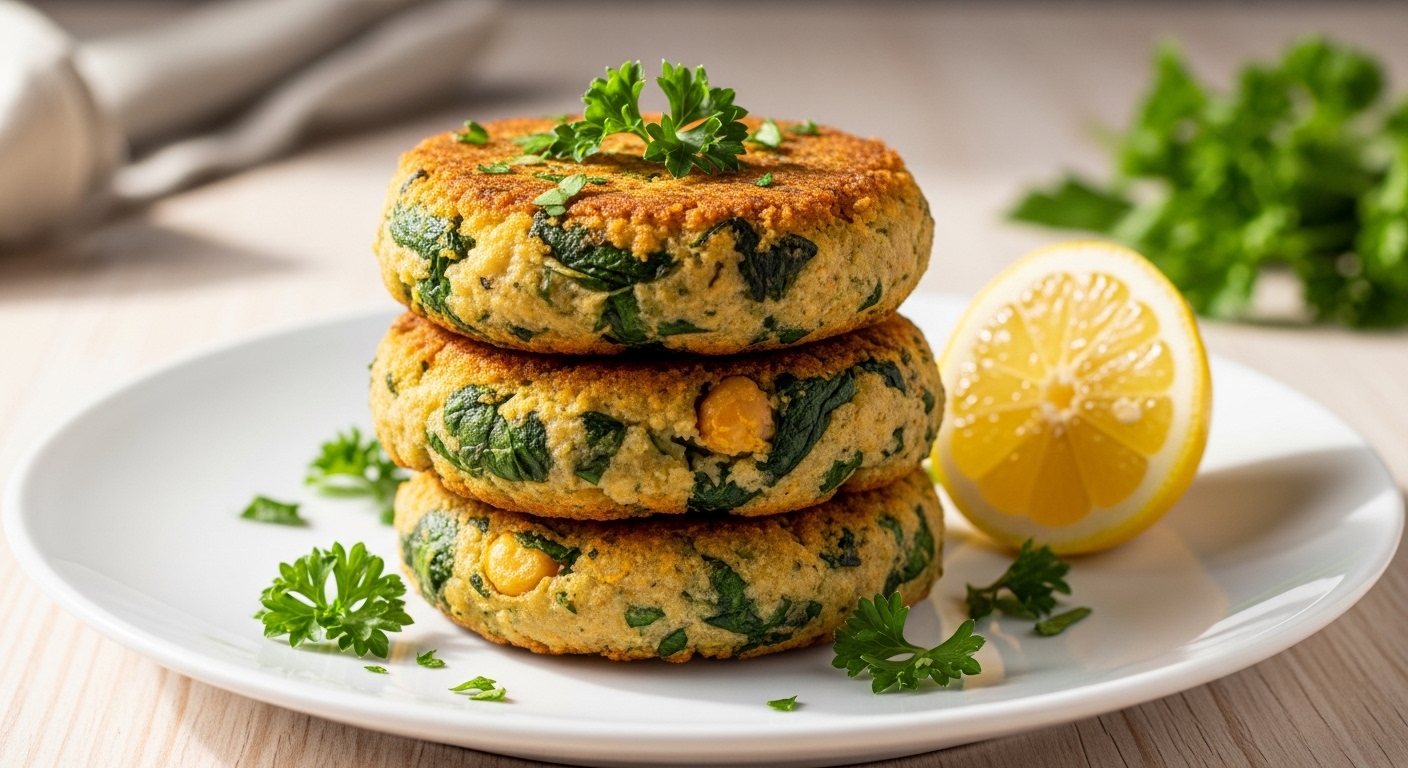 Stack of crispy Mediterranean veggie patties on a white plate.