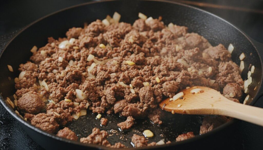 Browning ground beef with garlic for Mediterranean pasta.