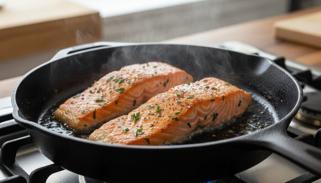Searing skinless salmon fillets in a pan for a healthy Mediterranean salad.