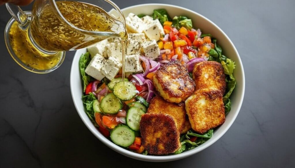 Drizzling Mediterranean dressing over a fresh halloumi and vegetable salad.
