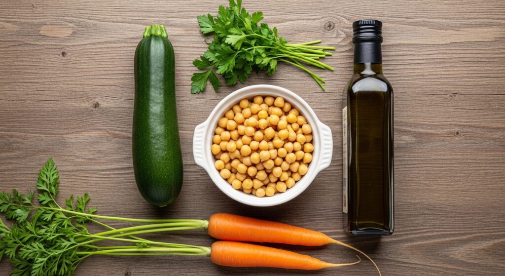 Ingredients for healthy vegetable patties recipe including chickpeas and zucchini.
