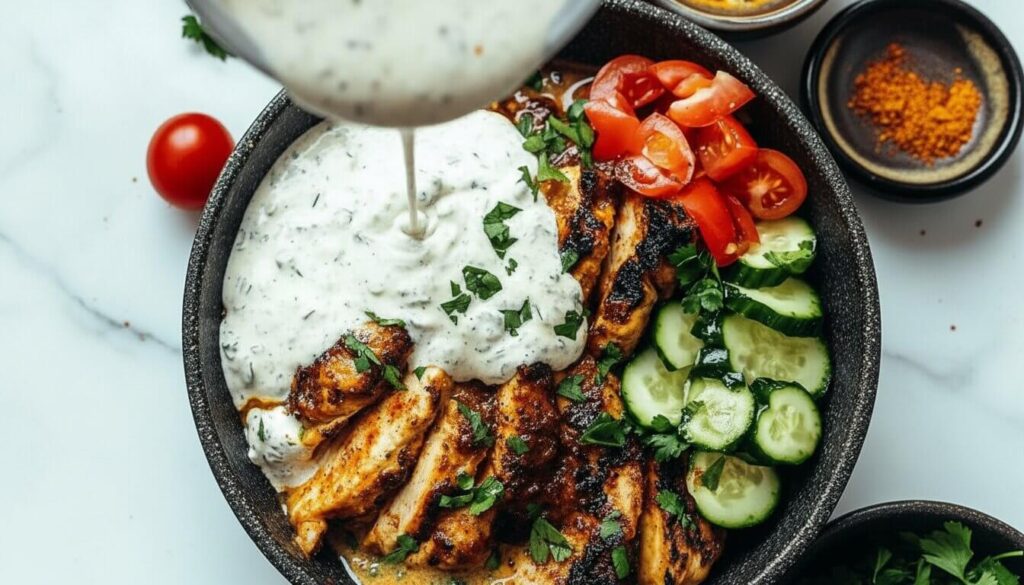 Creamy garlic sauce for shawarma being drizzled over grilled chicken.