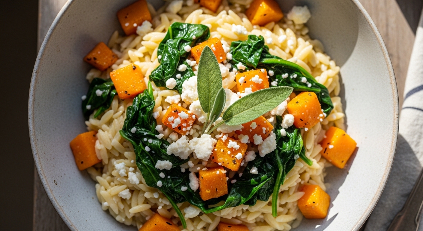 A bowl of roasted butternut squash orzo with spinach and feta cheese.